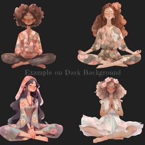 May include: Four women in floral dresses and flower crowns are sitting in a meditation pose. They are all wearing different styles of dresses and have different hairstyles.