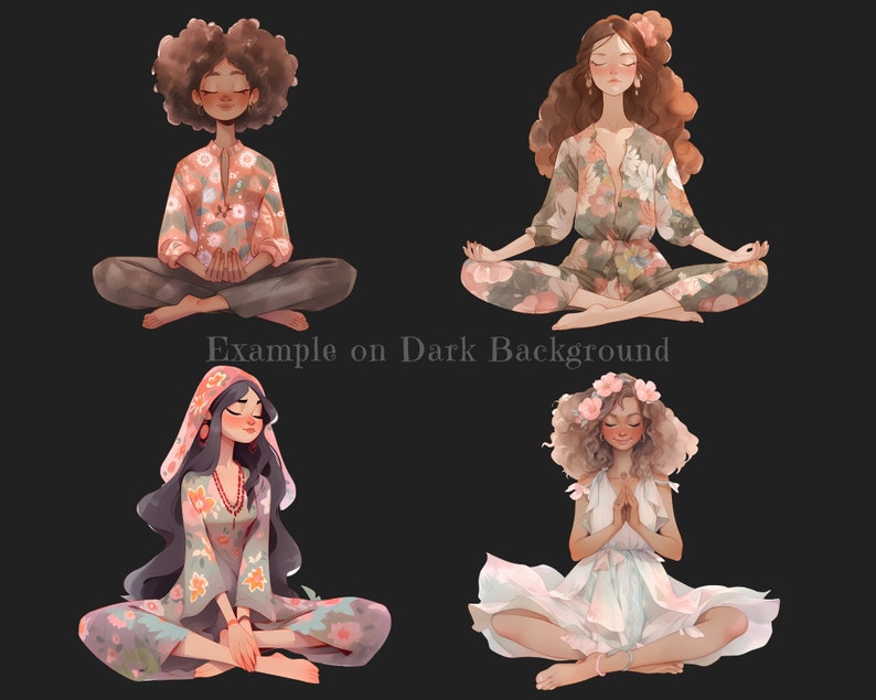 May include: Four women in floral dresses and flower crowns are sitting in a meditation pose. They are all wearing different styles of dresses and have different hairstyles.
