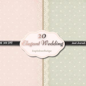 Puede incluir: Un kit de diario digital con una est&eacute;tica suave y rom&aacute;ntica. La imagen presenta un fondo dividido en rosa p&aacute;lido y verde salvia, ambos con un sutil patr&oacute;n de corazones. El texto "20 Elegant Wedding" se muestra en una etiqueta decorativa.