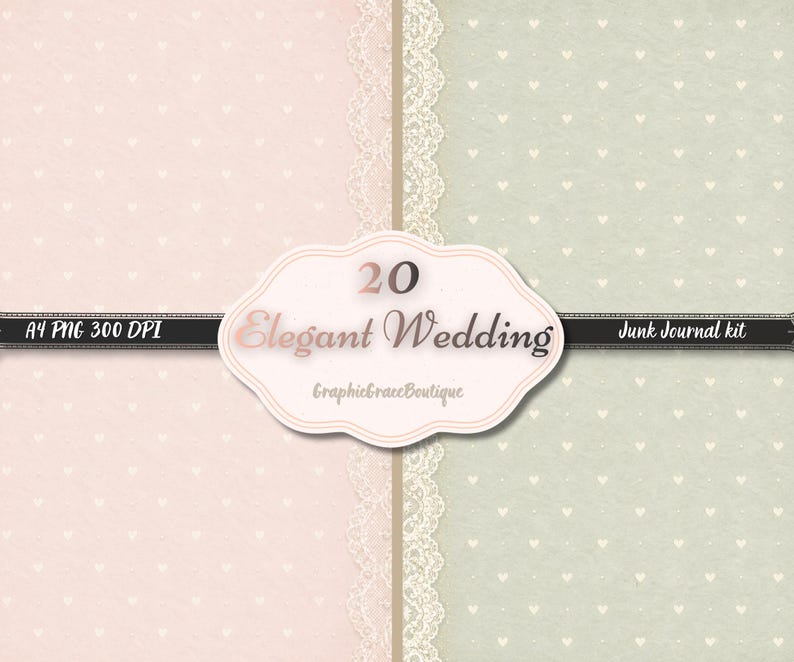 Puede incluir: Un kit de diario digital con una est&eacute;tica suave y rom&aacute;ntica. La imagen presenta un fondo dividido en rosa p&aacute;lido y verde salvia, ambos con un sutil patr&oacute;n de corazones. El texto "20 Elegant Wedding" se muestra en una etiqueta decorativa.