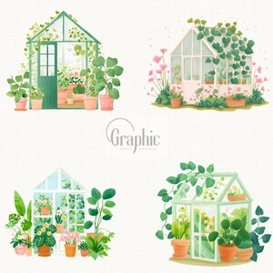 Pu&ograve; includere: Illustrazione ad acquerello di quattro serre con piante. Ogni serra &egrave; di un colore diverso, tra cui verde e bianco. Le serre sono piene di piante in vaso e circondate dal verde. L'immagine ha uno stile morbido e artistico.