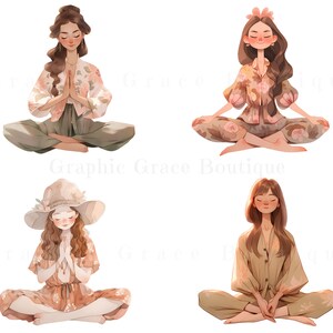 May include: Four illustrations of women in various poses, each wearing a different floral patterned outfit. The women are all sitting with their legs crossed, and their hands are clasped in front of them. The illustrations are done in a soft, pastel colour palette.