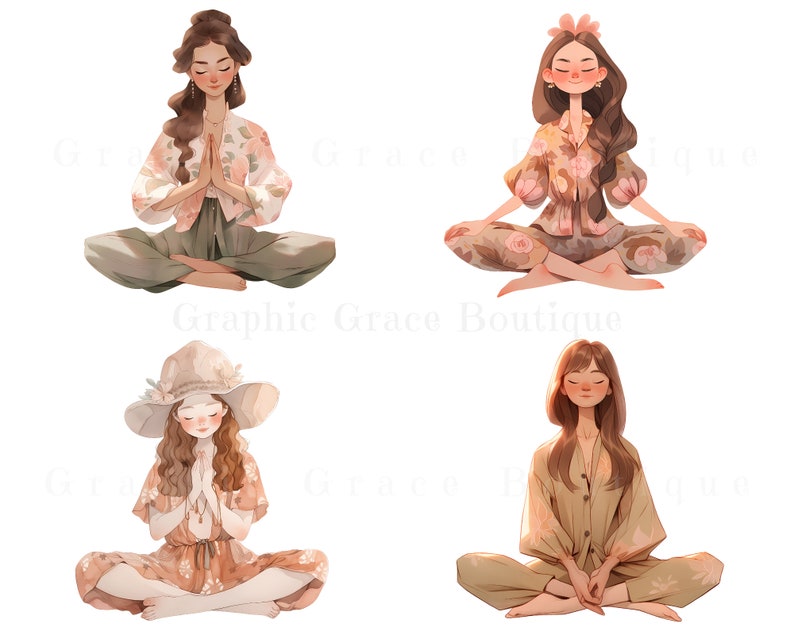 May include: Four illustrations of women in various poses, each wearing a different floral patterned outfit. The women are all sitting with their legs crossed, and their hands are clasped in front of them. The illustrations are done in a soft, pastel colour palette.
