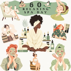Clipart di una giornata rilassante in spa, Clipart adorabile, Clipart di una ragazza in spa, Clipart di un bagno, Clipart di benessere, Clipart di cura di sé, Adesivo di bellezza, Minimalista