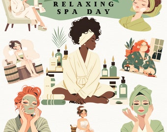 Relaxing Spa Day Clipart – Self Care Illustrations – Calm Wellness & Pampering Digital PNGs – Printable Art Sticker Graphics