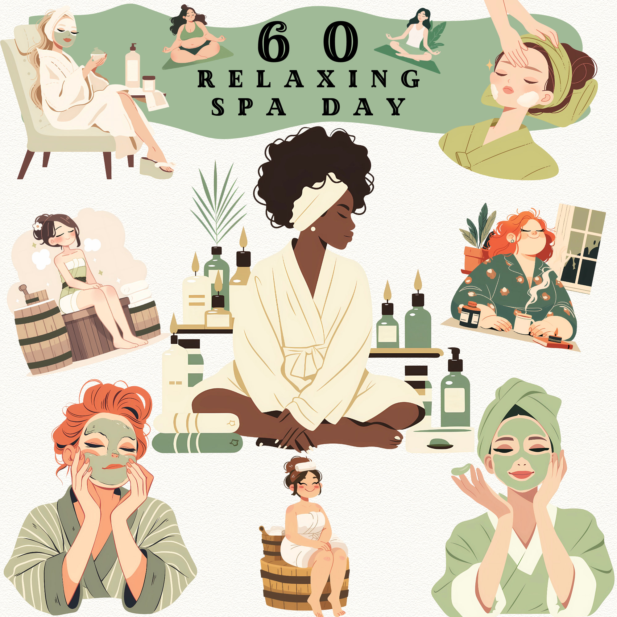 Relaxing Spa Day Clipart – Self Care Illustrations – Calm Wellness ...