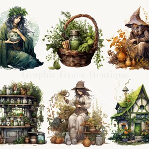 Puede incluir: Ilustraciones en acuarela de tem&aacute;tica m&iacute;stica. Las im&aacute;genes incluyen una mujer con una corona de hojas, una cesta de hierbas, una bruja, una estanter&iacute;a de pociones, una mujer con mortero y maja y una caba&ntilde;a con tejado verde.