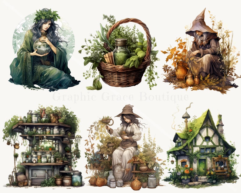 Puede incluir: Ilustraciones en acuarela de tem&aacute;tica m&iacute;stica. Las im&aacute;genes incluyen una mujer con una corona de hojas, una cesta de hierbas, una bruja, una estanter&iacute;a de pociones, una mujer con mortero y maja y una caba&ntilde;a con tejado verde.