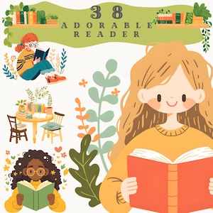 Lot de cliparts amoureux des livres mignon | Lecture agréable PNG | Fille lisant, étagère, plantes | Art numérique rat de bibliothèque | Stickers coin lecture