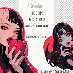 May include: Digital clipart of a woman with black and white hair, red eyes, and fangs biting into a red apple. She is wearing a black dress with a red collar. The background is transparent.