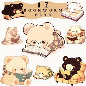 Bücherwurm Bären digitale Aufkleber, Bücherwurm Clipart, Journaling, gemütlich heimelig png, wunderlicher Aufkleber, transparent, Scrapbooking, Cartoon Clipart