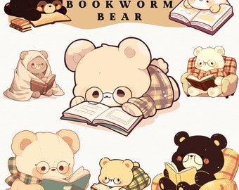 Bookworm Bear Clipart: Cozy Cartoon Stickers (Digital Download)