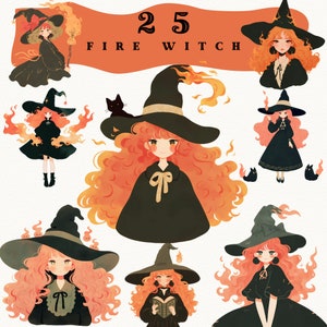 Fire Witch digital stickers, Adorable Cartoon Witch clipart, journaling, fire element png, cozy sticker, transparent,magic, mystical clipart