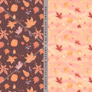 May include: Two seamless digital paper patterns featuring autumn leaves in shades of orange, yellow, and brown. The first pattern has a dark brown background with scattered leaves and pumpkins. The second pattern has a light pink background with scattered leaves and a subtle cloud pattern.