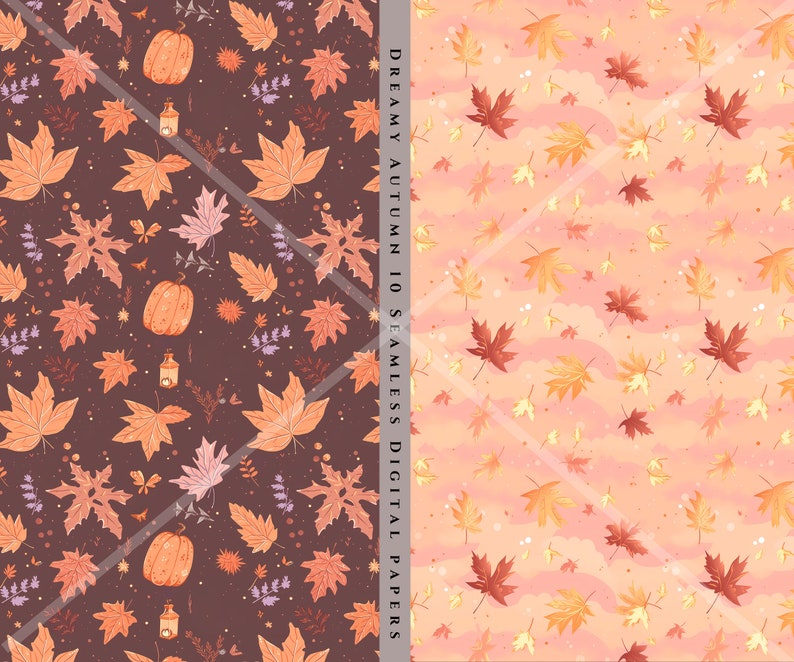 May include: Two seamless digital paper patterns featuring autumn leaves in shades of orange, yellow, and brown. The first pattern has a dark brown background with scattered leaves and pumpkins. The second pattern has a light pink background with scattered leaves and a subtle cloud pattern.