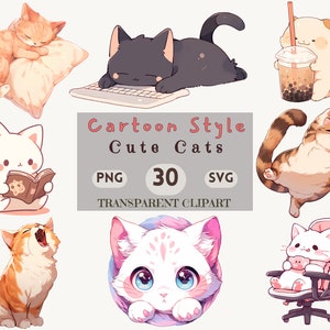 Niedliche Cartoon Katze Clipart Bundle - Aufkleber-Stil, Gaming, Boba Tee Katzen - Hochwertige 300 DPI PNG und SVG - Persönliche und kommerzielle Nutzung
