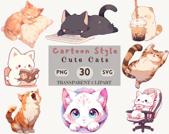Paquete de imágenes prediseñadas de gatos de dibujos animados: pegatinas PNG SVG
