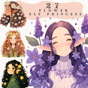 Watercolor Flower Elf Princess Clipart: Whimsical Fantasy PNG Bundle