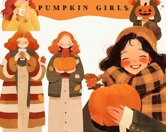 Cottagecore Pumpkin Girl Clipart Bundle, Autumn Aesthetic PNG, Cozy Fall Stickers, Halloween Scrapbook Digital Download