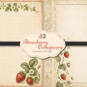 May include: A set of vintage-style papers featuring strawberry illustrations and lace trim. The design includes lined pages, strawberry plants with red berries, and the text "32 Strawberry Cottagecore" in a decorative label.