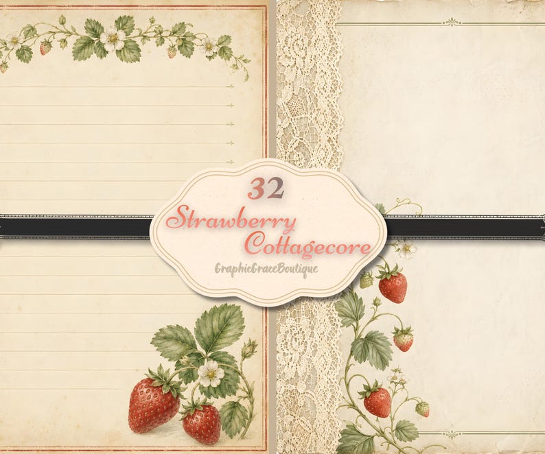 May include: A set of vintage-style papers featuring strawberry illustrations and lace trim. The design includes lined pages, strawberry plants with red berries, and the text "32 Strawberry Cottagecore" in a decorative label.