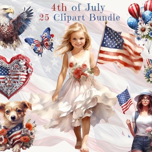 Quatrième de juillet aquarelle Clipart Bundle - patriotique numérique PNG graphiques, drapeau américain Art, téléchargement immédiat, usage Commercial