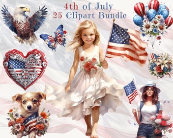 Watercolor 4th of July Clipart: Patriotic PNG Graphics (Digital Download)