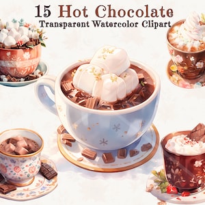 May include: Four watercolor illustrations of hot chocolate in different mugs. The mugs are decorated with floral patterns and have different toppings, including marshmallows, whipped cream, and chocolate shavings. The text "15 Hot Chocolate Transparent Watercolor Clipart" is at the top of the image.