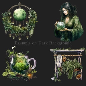 Puede incluir: Ilustraci&oacute;n digital con un tema celestial con una gran luna verde rodeada de vegetaci&oacute;n y linternas colgantes. Otras im&aacute;genes incluyen una mujer de verde sosteniendo un orbe de vidrio, una jarra de vidrio con plantas y un estante de madera con hierbas.