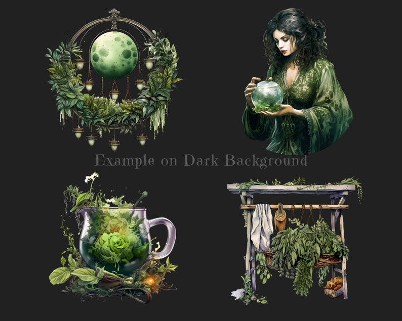 Puede incluir: Ilustraci&oacute;n digital con un tema celestial con una gran luna verde rodeada de vegetaci&oacute;n y linternas colgantes. Otras im&aacute;genes incluyen una mujer de verde sosteniendo un orbe de vidrio, una jarra de vidrio con plantas y un estante de madera con hierbas.