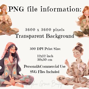 May include: Digital illustration of three women in various poses, each wearing a different floral patterned outfit. The background is transparent. The image includes the text "PNG file information: 3600 x 3600 pixels Transparent Background 300 DPI Print Size: 12x12 inch 30x30 cm Personal&Commercial Use SVG Files Included".