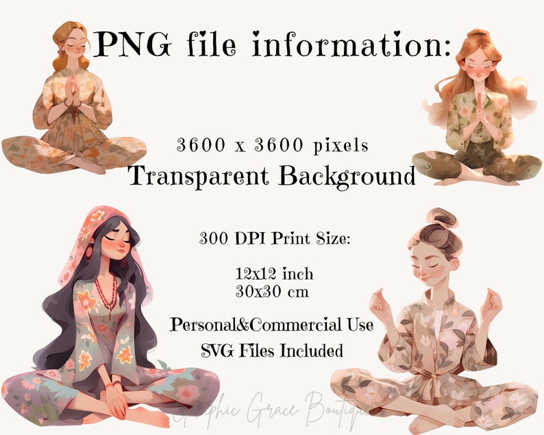 May include: Digital illustration of three women in various poses, each wearing a different floral patterned outfit. The background is transparent. The image includes the text "PNG file information: 3600 x 3600 pixels Transparent Background 300 DPI Print Size: 12x12 inch 30x30 cm Personal&Commercial Use SVG Files Included".