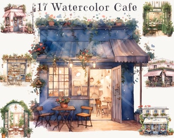 Watercolor Cafe Storefront Clipart Bundle, Coffee Shop PNG, Paris Bakery Awning Art, Cozy Street Scrapbook Digital Download