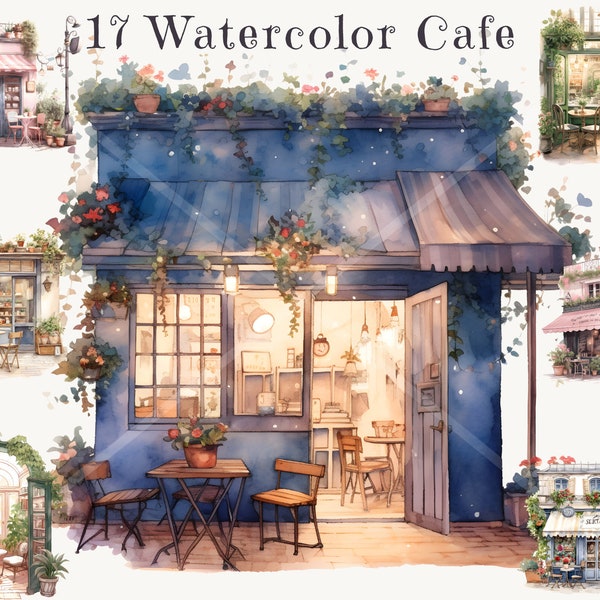 High-Quality Watercolor Cafe Storefronts Clipart Bundle, Cozy Ambiance PNG Images, Plant Decor, Commercial Use, Transparent Background