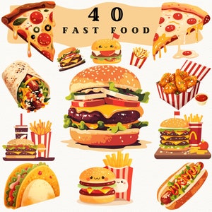 Minimalistic Fast Food Clipart, Fast Food Clipart, Burger Clip Art, Cute Fast Food Clipart, Pizza Icons, Fast Food Digital Sticker Clipart