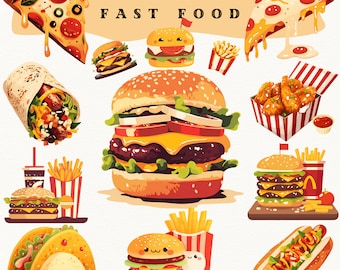 May include: A colorful illustration of 40 different fast food items, including burgers, pizza, fries, tacos, hot dogs, and chicken nuggets. The illustration is set against a light brown background with the text "40 FAST FOOD" at the top.