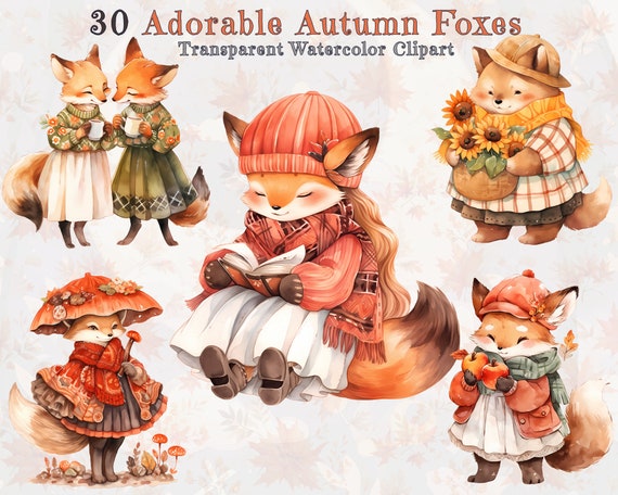 Autumn Fox Clipart Bundle, Watercolor Fall Fox PNG, Cute Baby Fox Nursery Stickers, Cozy Woodland Digital Download