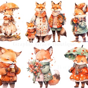 May include: A set of ten digital illustrations featuring cute foxes in autumnal clothing. The foxes are wearing sweaters, scarves, hats, and holding umbrellas, apples, and flowers.