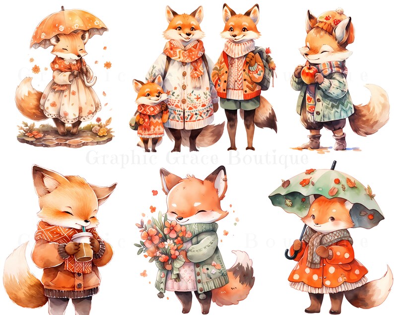 May include: A set of ten digital illustrations featuring cute foxes in autumnal clothing. The foxes are wearing sweaters, scarves, hats, and holding umbrellas, apples, and flowers.