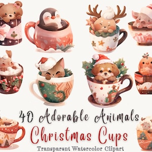 Paquete de imágenes prediseñadas de animales adorables de acuarela en copas de Navidad: lindos animales de Navidad, adorable regalo de invierno / PNG transparentes de alta calidad