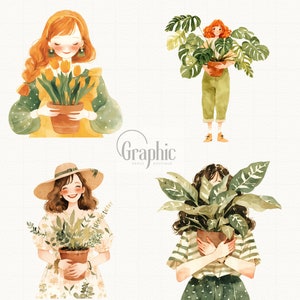 May include: Four watercolor illustrations of women holding potted plants. The first woman has red hair and is holding a pot of yellow flowers. The second woman has red hair and is holding a pot of green leafy plants. The third woman has brown hair and is wearing a straw hat and is holding a pot of green leafy plants. The fourth woman has brown hair and is holding a pot of green leafy plants.