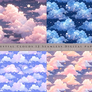May include: A set of 12 digital papers featuring seamless patterns of pink and blue clouds with stars and moons on a dark blue background. The papers are 3600x3600 pixels and 300 DPI in JPEG format.