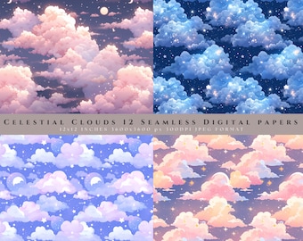 Celestial Cloud Digital Paper Pack, Seamless Dreamscape Patterns, Moon Stars Sky Backgrounds, Printable JPG Download