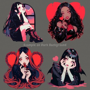 May include: Four digital illustrations of women with dark hair and red accents. Each woman is wearing a black outfit and has a different expression. The illustrations are set against a gray background.