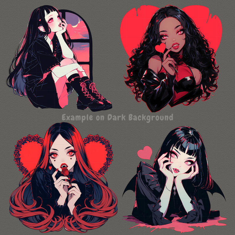 May include: Four digital illustrations of women with dark hair and red accents. Each woman is wearing a black outfit and has a different expression. The illustrations are set against a gray background.