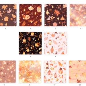 May include: Ten different seamless patterns featuring autumnal elements like leaves, lanterns, and pumpkins. The patterns are in various colors, including brown, orange, yellow, pink, and white.