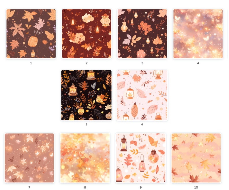 May include: Ten different seamless patterns featuring autumnal elements like leaves, lanterns, and pumpkins. The patterns are in various colors, including brown, orange, yellow, pink, and white.