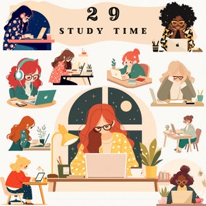 Clipart tempo di studio, PNG ragazza che studia, clipart ragazza adolescente, clipart ritorno a scuola, grafica per ragazze della scuola, studente, adorabile tempo di apprendimento