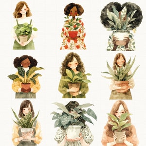May include: Nine watercolor illustrations of women with different hairstyles and outfits, each holding a potted plant. The plants are in various shades of green and have different leaf shapes. The women are all smiling and looking at the viewer.