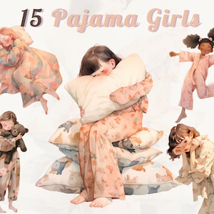 Pajama Girls Watercolor Clipart Bundle - 15 Cozy Bedtime Images - Cute And Relaxing Sleeping Graphics - High Quality PNG
